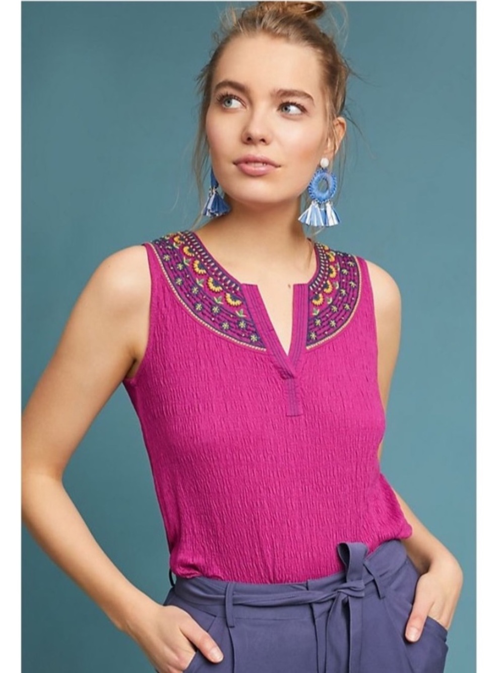Akemi + Kin Anthropologie Vizela Embroidered‎ Tank Top Womens Medium Boho Floral